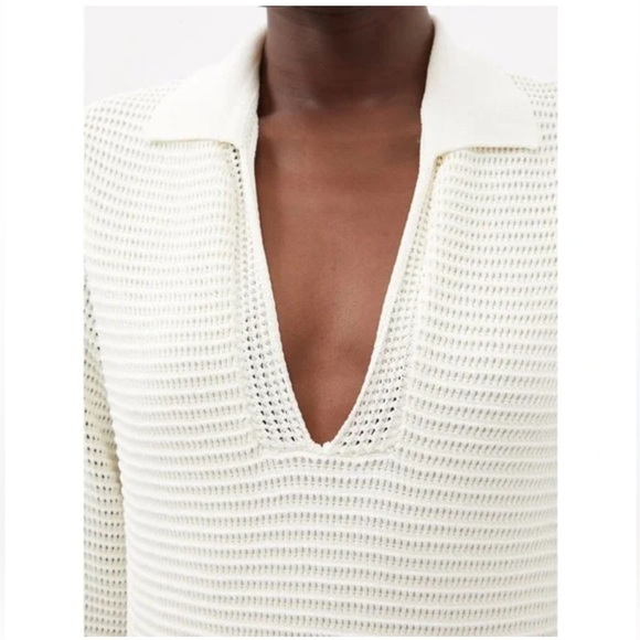 FRAME Ivory Crochet Long Sleeve Collared V-Neck Side Slit Maxi Dress - Picture 7 of 13